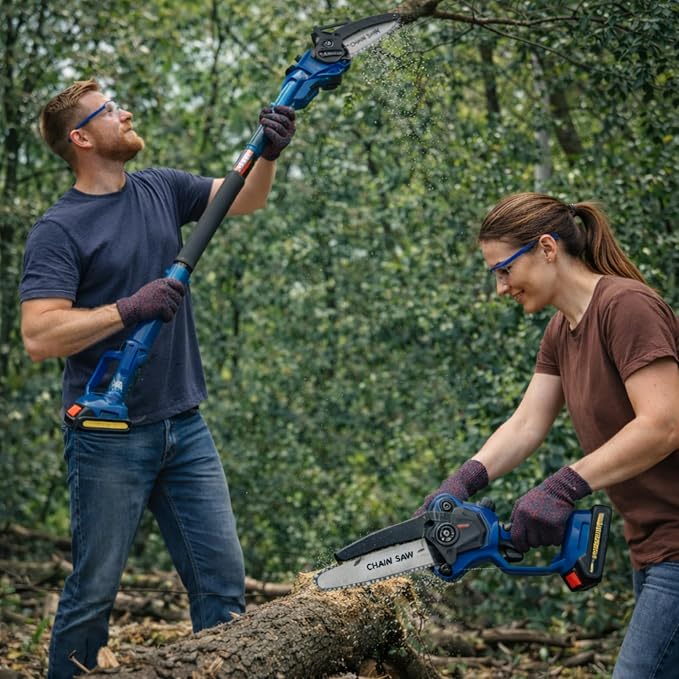 6 Inch Mini Chainsaw Cordless with Extension Pole, Portable Electric Pole Chainsaw with 2 Batteries and 2 Chains, Detachable Pole Handheld Chainsaw for Tree Trimming, Wood Cutting