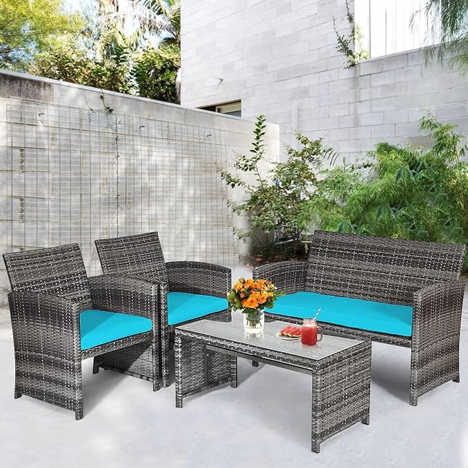 COSTZON HOMGX 4-Piece Patio Furniture Set, Outdoor PE Rattan Conversation Set w/Tempered Glass Table & Soft Cushions, Wicker Conversation for Sofa Porch, Poolside, Backyard (Turquoise)