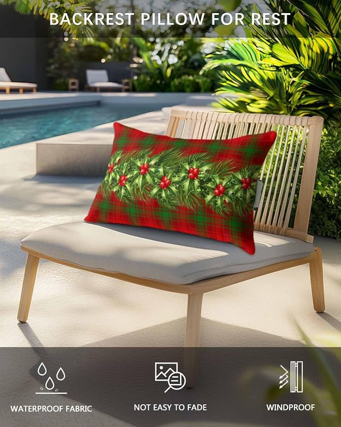 Outdoor Pillows Covers with Inserts Christmas Pine Berries Red Green Checked Plaid Waterproof Pillow with Adjustable Strap Throw Pillows for Patio Furniture Recliner Lounge Chair, 11x16 inch, 1PCS