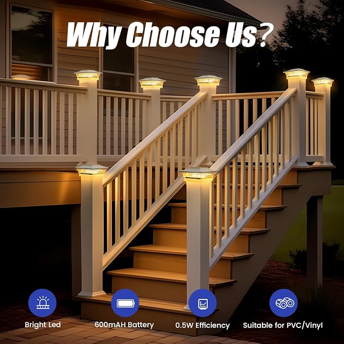 APONUO Solar Post Cap Lights 12 Pack for 4x4 5x5 6x6 Wood & Vinyl Fences - IP65 Waterproof, All-Night Auto On/Off, Warm/Cool White Light, Outdoor Deck Patio Garden (White)