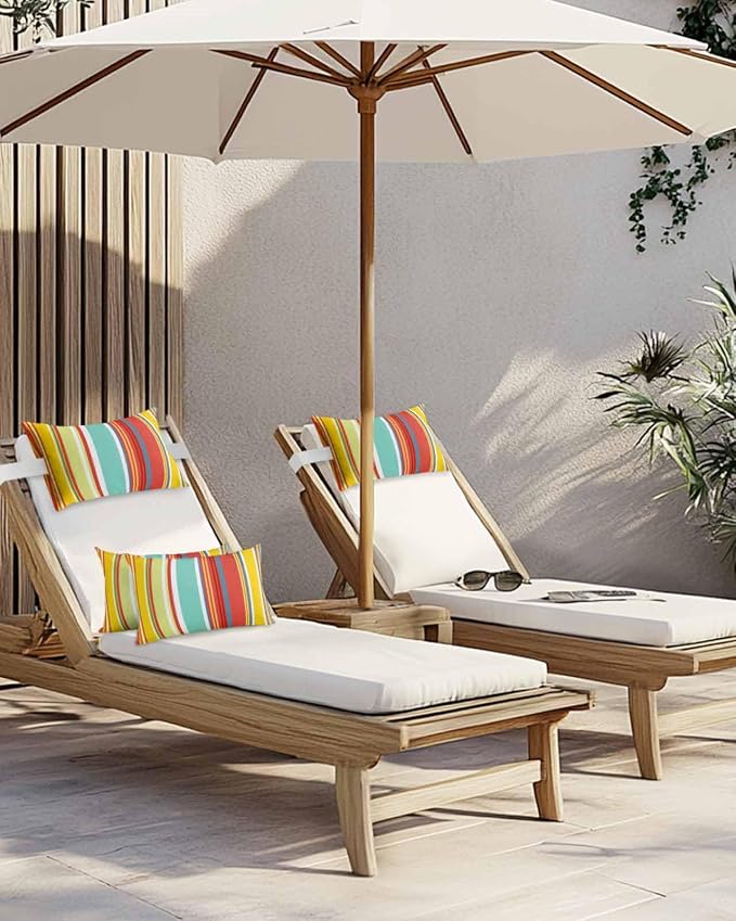 Outdoor Pillows Covers with Inserts Colorful Stripes Red Yellow Teal Green Wood Texture Waterproof Pillow with Adjustable Strap Throw Pillows for Patio Furniture Recliner Lounge Chair, 11" x 16", 1PCS