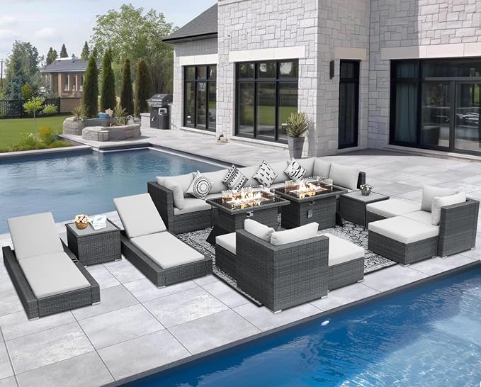NICESOUL 18 Piece Extra Large Luxury Patio Furniture Set with Firepit, Outdoor Sectional w/Chaise Lounge, Comfy 29.3" High Back Couch Deep Seat, All-Weather Wicker Conversation Set, Light Gray