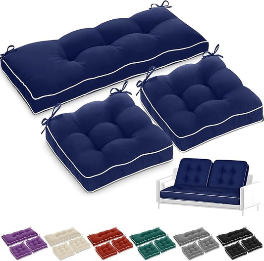 Wenqik 42 x 17 x 3.7 Inch Outdoor Bench Cushion Set of 3 Waterproof Tufted 1 Patio Loveseat Cushions and 2 Square Chair Seat Pad for Outdoor Furniture Couch Swing Sofa Wicker Settee(Navy Blue)