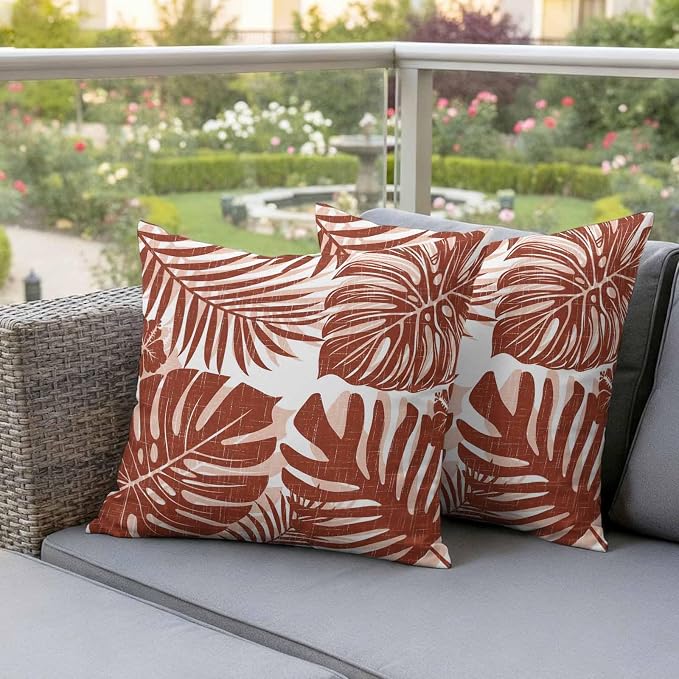 Copper Palm Leaves Outdoor Pillow Covers 18"x18" Set of 2, Tropical Botanical Minimalist Modern Waterproof Throw Pillow Covers for Patio Furniture, Decorative Cushion Covers for Porch