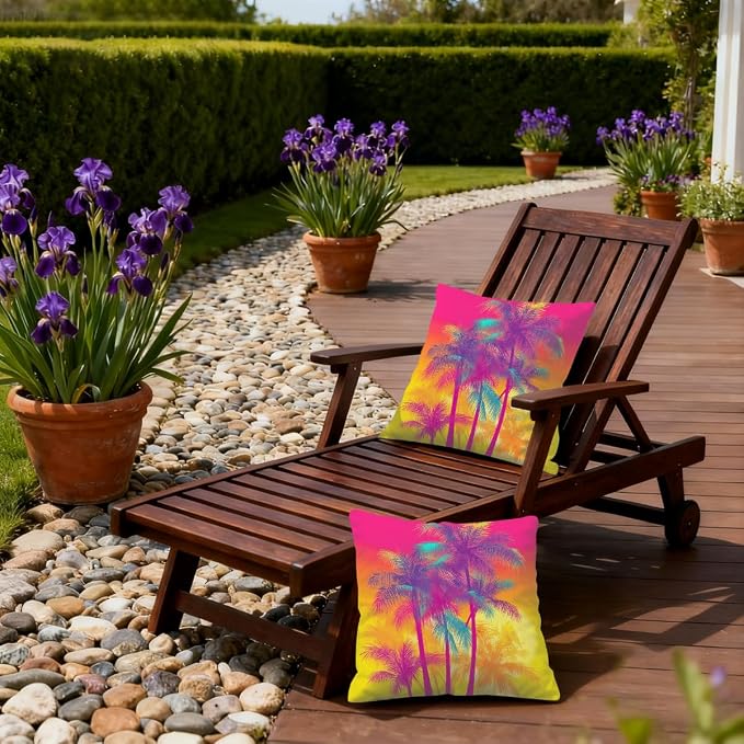 18x18 Inch Outdoor Pillow Covers Set of 2 Waterproof Throw Pillow Covers Decorative Couch Cushion Covers Pink Neon Palm Trees Square Pillowcases Protectors for Patio Garden Sofa