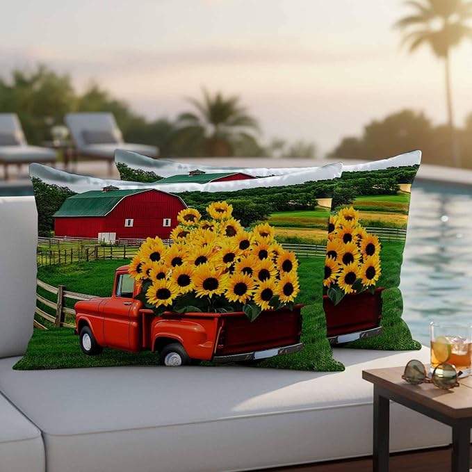 Waterproof Pillow Covers Set of 2 12x20 Inch Farmhouse Sunflower Outdoor Lumbar Cushion Covers Farm Red Truck Decorative Pillow Cases for Patio, Sofa, Couch, Garden