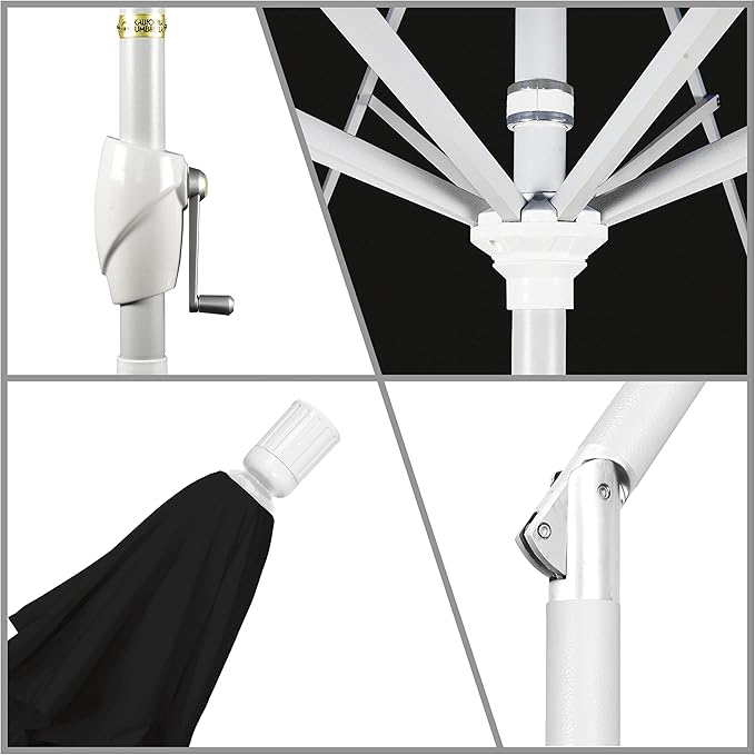 California Umbrella 9' Round Aluminum Market Umbrella, Crank Lift, Push Button Tilt, White Pole, Black Olefin