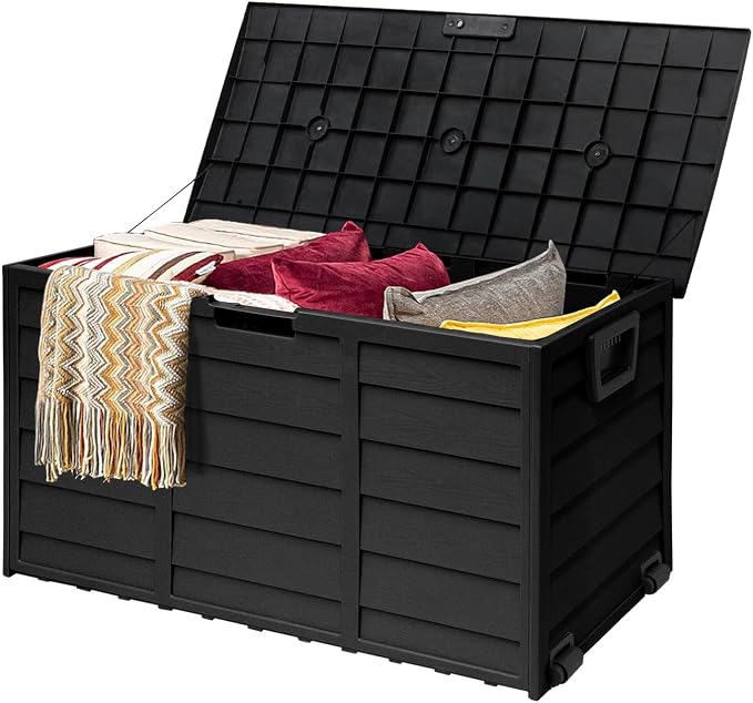Crownland 75 Gallon Outdoor Storage Deck Box Patio Sun-proof Woodgrain Patio Storage Box for Patio, Garden, Balcony,Black