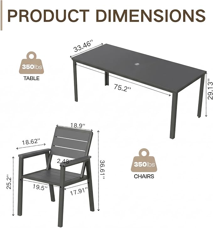 Kingdura 7 Piece Patio Dining Set for 6, HDPE & Metal Outdoor Table & Chairs with Umbrella Hole, All-Weather Outdoor Furniture Patio Conversation Set for Lawn Pool Backyard, Grey