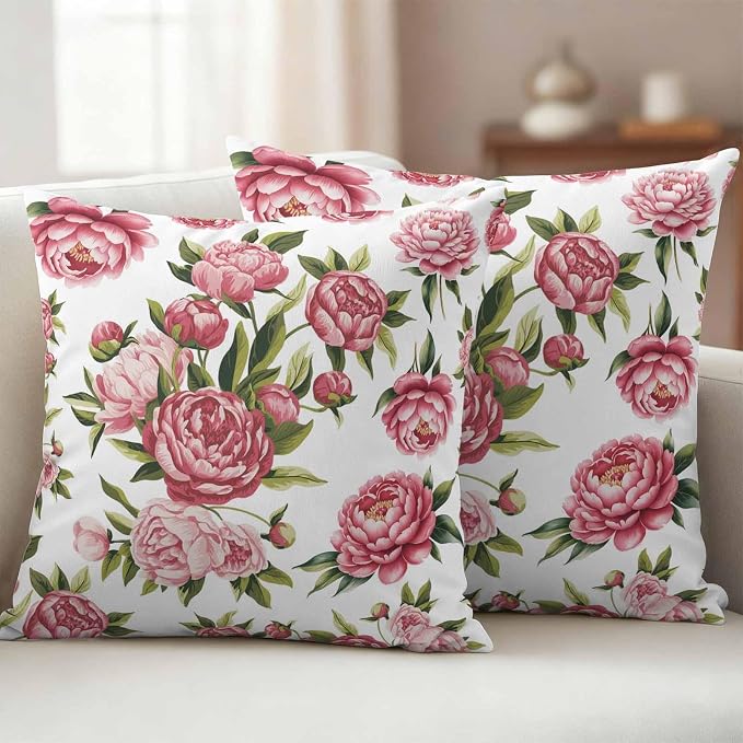 Pink Floral Outdoor Pillow Covers 20x20 Inch Throw Pillow Covers Set of 2 Waterproof Decorative Pillow Cases Pastoral Botanical Leaves Farmhouse Rustic Cushion Covers for Patio Furniture Garden Couch