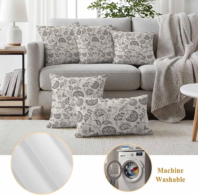 Outdoor Pillow Covers 24x24 Set of 2, Grey Paisley Waterproof Patio Throw Pillow Covers for Couch Sofa Chair, Boho Flower Botanical Leaf Branch Decorative Pillowcases for Throw Pillows
