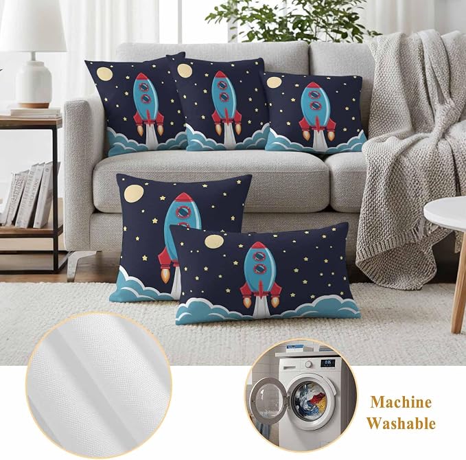 Rocket Stars Outdoor Waterproof Throw Pillow Covers Set of 2, 26"x26", Moon Sky Cartoon Space Craft Decorative Pillow Covers Outside Cushion Case for Patio Porch Garden