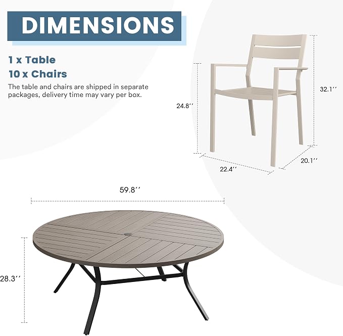 DIFY 11 Piece Outdoor Patio Dining Set for 10, 59.8" Round Dining Table with Umbrella Hole and Stackable Metal Chairs, Patio Table and Chairs Set for Backyard Poolside Deck, Grey Wood-Like & Sandshell