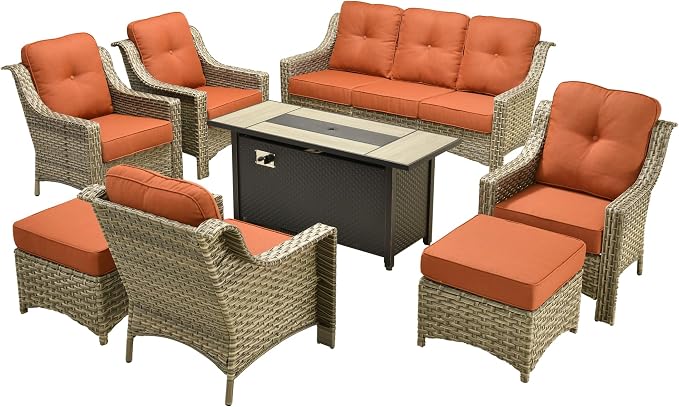 Outdoor Patio Furniture Sets, 8 PCS Patio Conversation Set Outside Rattan Sofa with 54 in Fire Pit Table Comfy Cushions Fit Backyard Porch Garden Poolside Balcony,Orange Red
