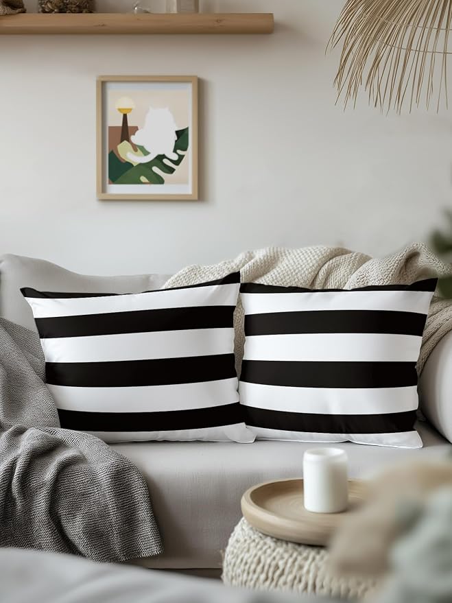 Waterproof Outdoor Pillow Set of 2 Black White Stripe Decorative Throw Pillows Cover & Insert 18x18 Inch Pillowcase Simple Style Striped Pillows for Couch Sofa Bed Patio Furniture Indoor Outdoor