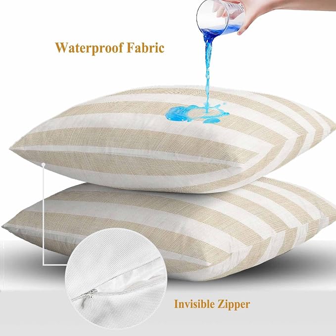 Vintage Linen Outdoor Waterproof Throw Pillow Covers Set of 2, 24"x24", Striped Beige Theme Farmhouse Decorative Pillow Covers Outside Cushion Case for Patio Porch Garden
