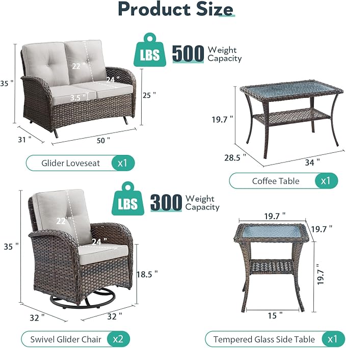 5 Piece Patio Furniture Set - Wicker Patio Conversation Set with Swivel Glider, Glider Loveseat, Tempered Glass Side Table and Coffee Table for Deck Backyard - Brown Wicker Beige Cushion