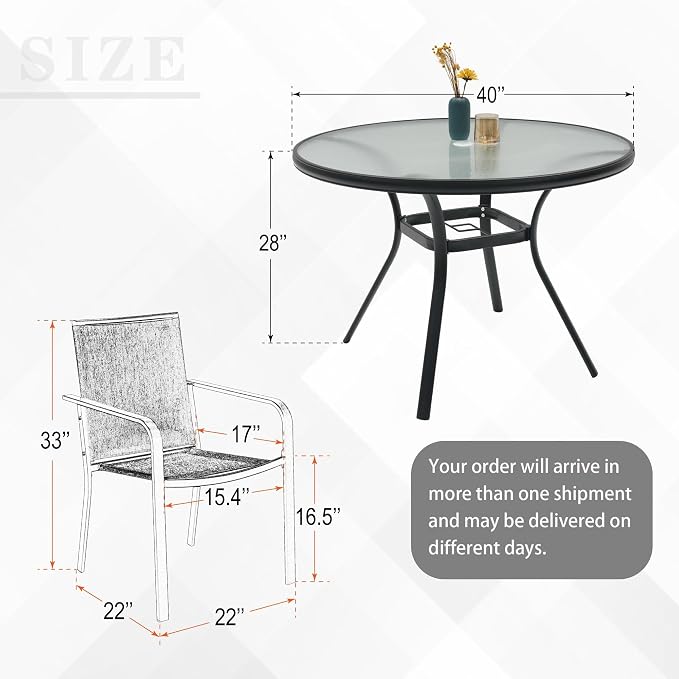 Anmutig 5-Piece Outdoor Patio Dining Set, 40-Inch Round Glass Table with 4 Stackable Chairs, Black