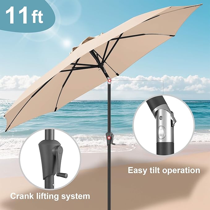 FLAME&SHADE 11 ft Patio Umbrella - Table Umbrella Outdoor with Push Button Tilt and Crank, UV Protection, 8 Sturdy Ribs, Market Umbrella for Garden, Deck, Backyard, Lawn, Pool and Beach(Beige)