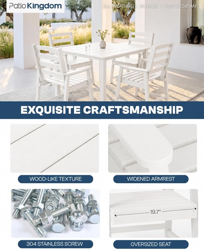 HDPE Outdoor Dining Set for 4, Armchairs, White | All-Weather HDPE, Wood Grain Finish, 42.5" Square Table, Built-In Umbrella Hole, Seats 4, Patio & Poolside Ready
