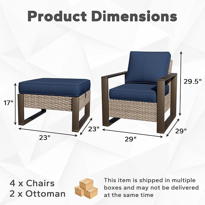 Joyside Outdoor Patio Chairs, 6 Pieces Wicker Rattan Furniture Set, 4 Patio Chairs and 2 Ottoman, Metal Wide Armrest, Thick Cushions and Deep Seating for Garden, Backyard, Porch, Deck