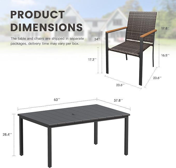 Patio Dining Set for 6, 63" Rectangular Metal Table with Umbrella Hole and Stackable Wicker Patio Chairs, Outdoor Furniture Set for Deck Backyard Garden, Walnut Chairs, Black Table