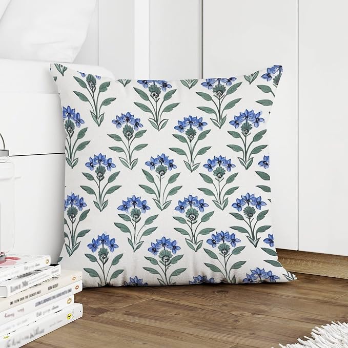 Mughal Flower Cushion Cases Blue Lotus Floral Throw Pillow Cover Rustic Outdoor Waterproof Decorative Pillow Cover for Patio Couch Bench 18x18 in