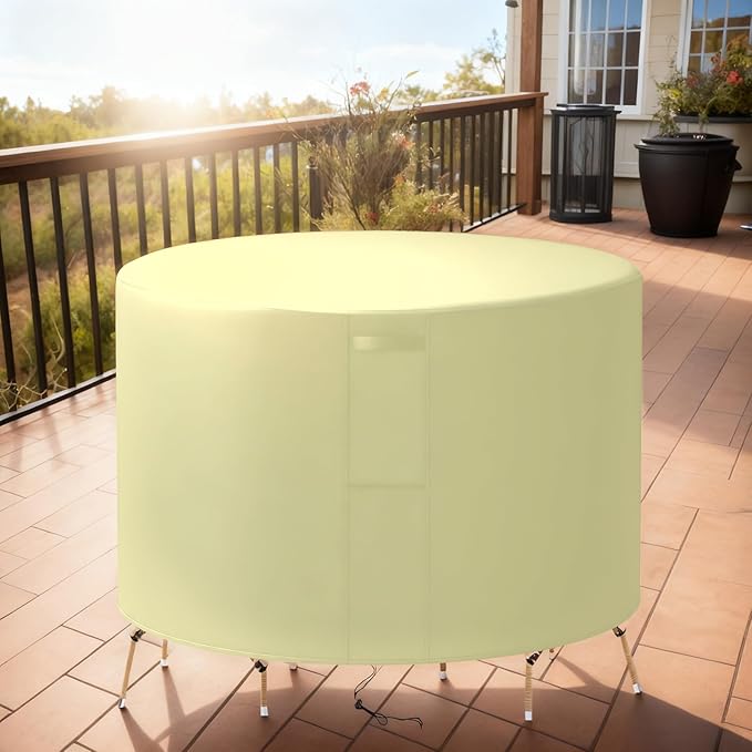 56"(D) x 32"(H) Round Outdoor Furniture Cover, Custom Heavy Duty 420D Waterproof Patio Furniture Cover with Drawstring & Buckles for Table Chair Garden, Cream