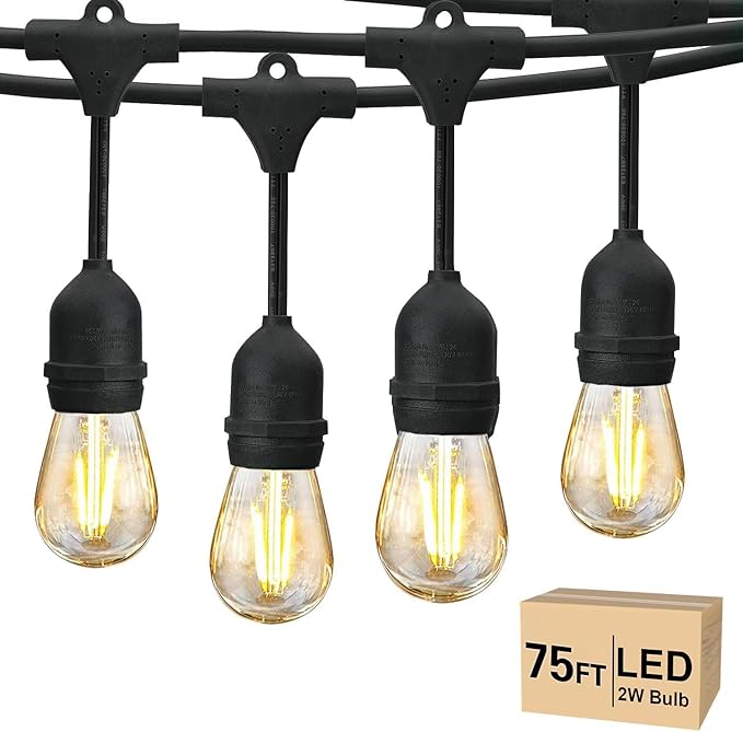 Svater 75 FT Outdoor String Lights 2W S14 LED Commercial Grade Waterproof | Patio Light for Outside, Antique Edison Bulbs, IP65 Hanging Bistro Cafe Market Lighting, ETL-Listed Dimmable Warm White