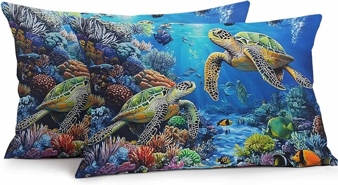 Blue Sea Turtle Ocean Waterproof Outdoor Pillow Covers Set of 2 Home Decor, Colorful Coral Sea Underwater Pillowcase Patio Pillow Covers for Couch Bench Furniture Garden 20x12in