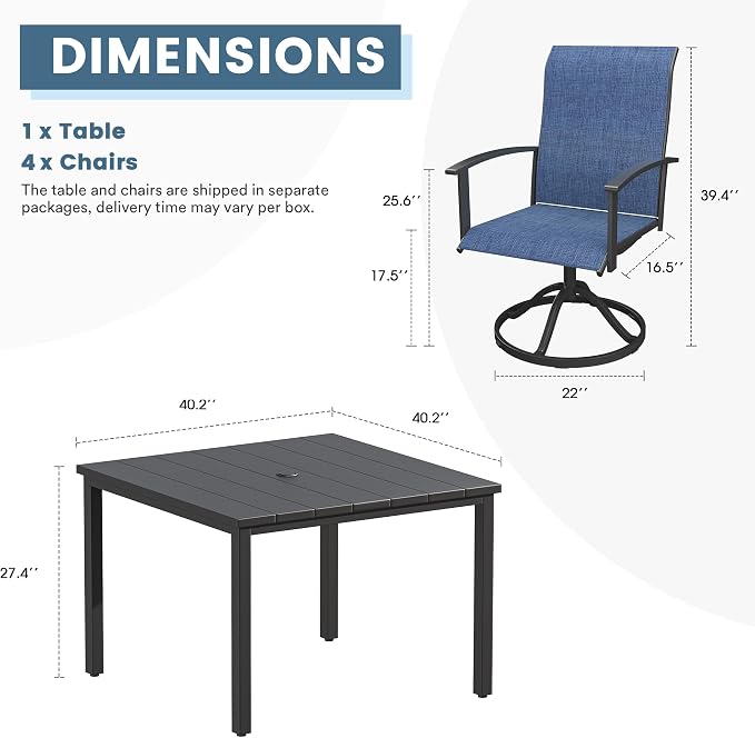 DIFY 5 Pieces Outdoor Dining Set, Metal Patio Table and Chairs Set for 4 with Umbrella Hole, 40.2" Black Square Table and Blue Textilene Swivel Patio Chairs for Garden, Backyard, Poolside