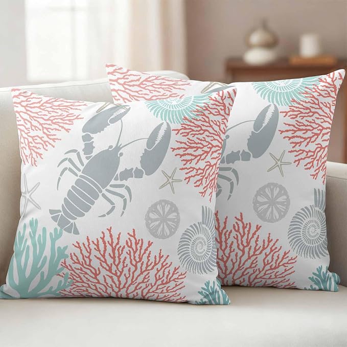 Teal Red Coastal Waterproof Outdoor Pillow Covers Set of 2 Home Decor Summer Lobster Coral Nautical Pillowcase Patio Pillow Covers for Couch Bench Patio Furniture Garden 24x24in