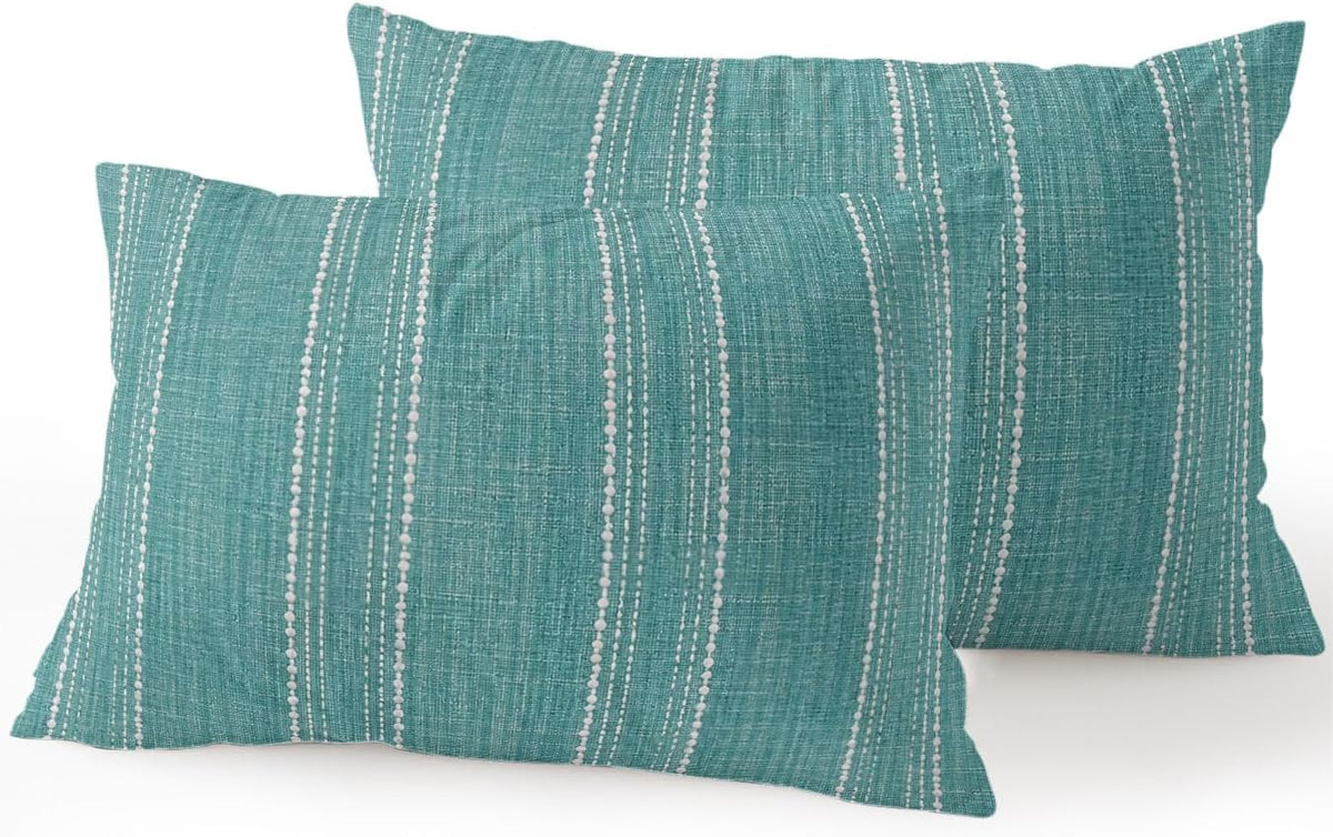 Waterproof Outdoor Pillow Set of 2 Teal Linen Stripes Decorative Throw Pillows Cover & Insert 20x12 Inch Lumbar Pillowcase Parallel Vertical Lines Pillows for Couch Sofa Bed Patio Furniture