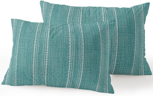 Waterproof Outdoor Pillow Set of 2 Teal Linen Stripes Decorative Throw Pillows Cover & Insert 20x12 Inch Lumbar Pillowcase Parallel Vertical Lines Pillows for Couch Sofa Bed Patio Furniture