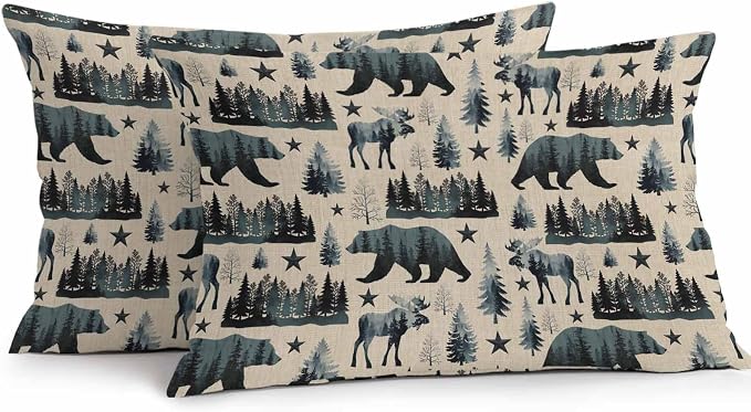 Vintage Bear Elk Cabin Outdoor Pillow Covers 20x12 Inch Lumbar Pillow Covers Set of 2 Waterproof Decorative Throw Pillow Cases Farmhousee Pine Tree Rustic Cushion Covers for Patio Furniture Garden