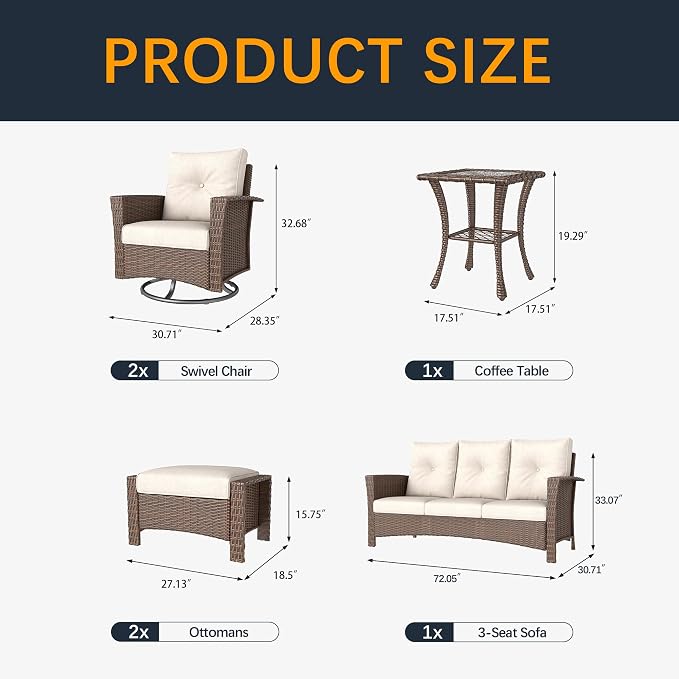 6 Pieces Outdoor Patio Furniture Set, Wicker Patio Sectional Set Conversation Wicker Swivel Chairs with Small Side Table