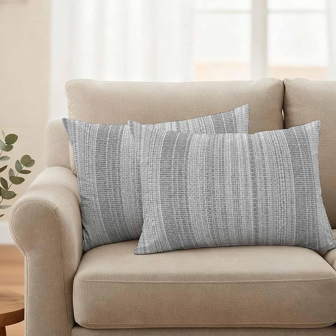 Abstract Gray Outdoor Pillow Covers 20"x12" Set of 2, Rustic Farmhouse Minimalist Grey Vertical Striped Lines Waterproof Throw Pillow Covers for Patio Furniture, Decorative Cushion Covers for Porch