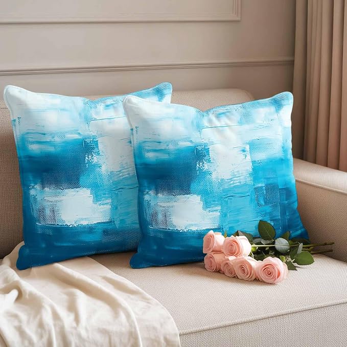 Blue Outdoor Waterproof Throw Pillow Covers Set of 2, 24"x24", Abstract Oil Painting Decorative Pillow Covers Outside Cushion Case for Patio Porch Garden