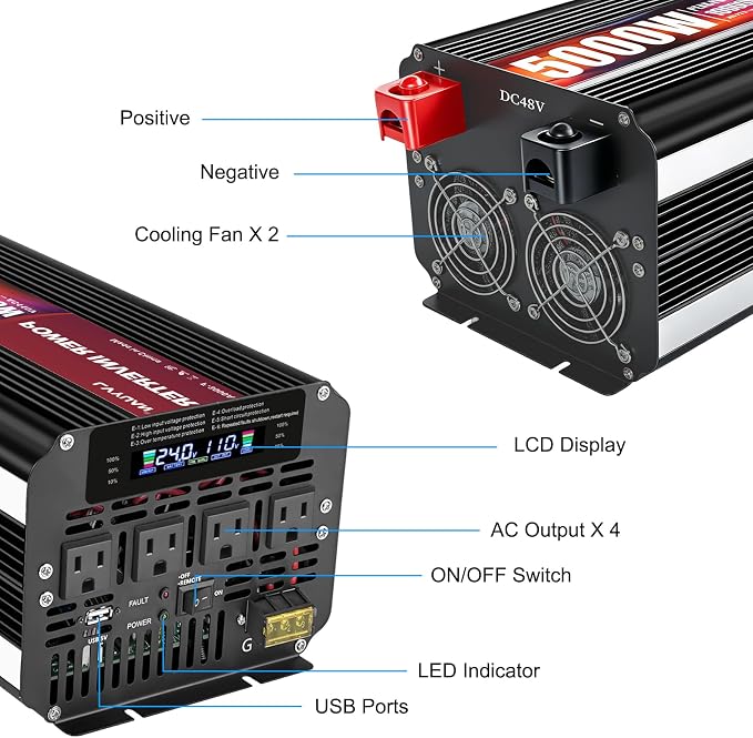 LVYUAN 5000 Watt Power Inverter 24V to 110V 120V for Vehicle, Solar Inverter System, Heavy Duty, RV, Truck, Off Grid,Camping with 4 AC Outlets, LCD Display, Wireless Remote Control, Car Power Inverter