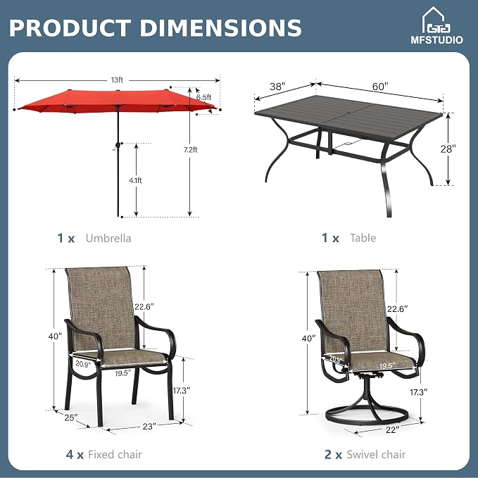 MFSTUDIO Patio Dining Set for 6, Outdoor Dining Set with Umbrella, Patio Furniture Set with 1 Rectangular Table Fixed Chairs 2 Swivel Chairs & Orange Red Umbrella (Base not Included)