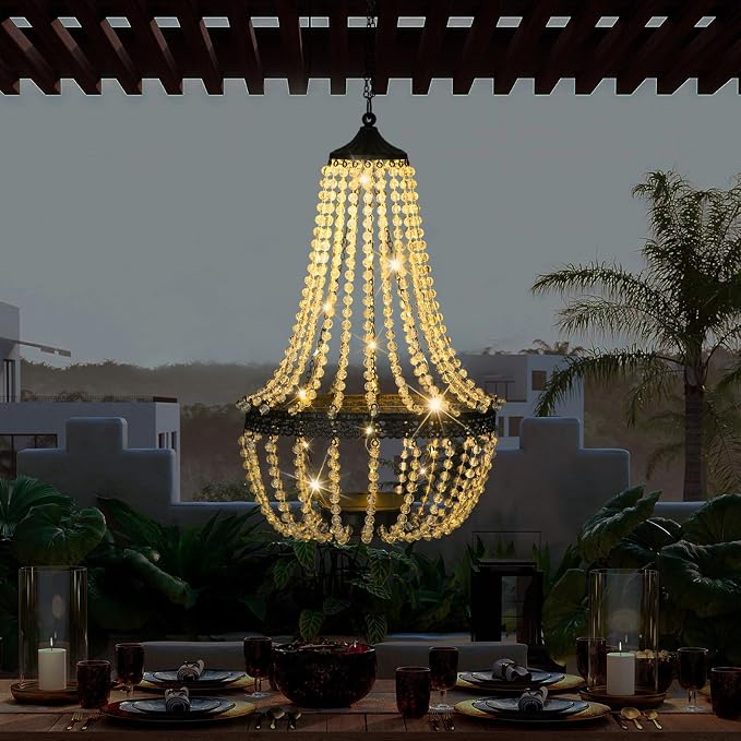 Hanging Solar Lantern Outdoor, 28” Modern Clear Crystal Acrylic Chandelier with 30 Warm White Lights S Hook for Garden, Yard, Patio, Gazebo Decorations