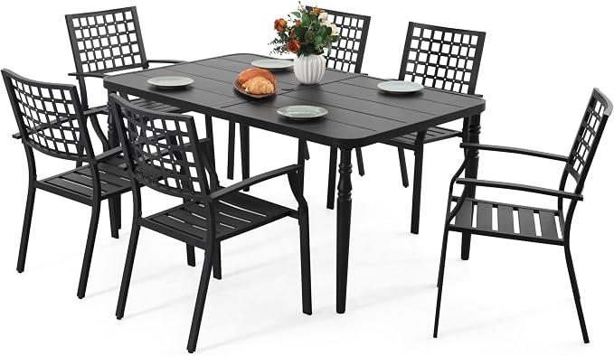 NUU GARDEN 7-Piece Outdoor Metal Furniture Set, Outdoor Dining Set of 6, Patio Dining Table with Umbrella Hole and Powder Coating, 6 Stackable Chairs for Backyard, Deck, Garden and Yard, Black