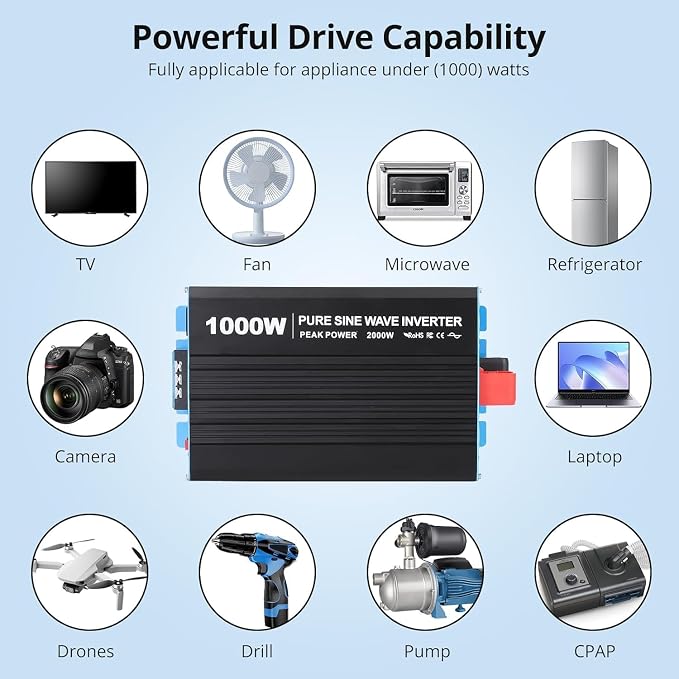 Power Inverter 1000 Watt Pure Sine Wave 12v DC to 110v/120v AC 2000 w Peak Converter for Family RV Off Grid Solar System with 2 AC Outlets LCD Display Remote Control and 2.1a USB Charging Port