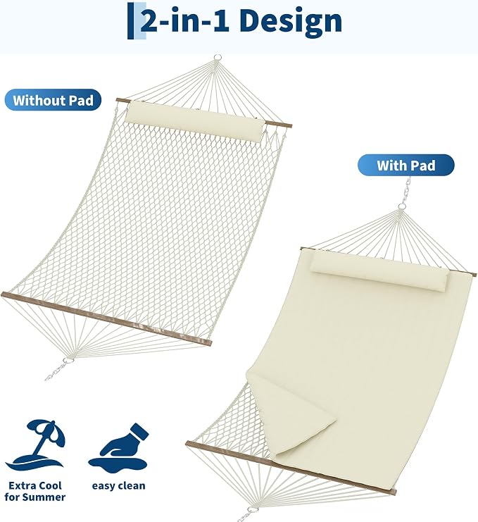 Garvee Double Quilted Fabric Hammock with Hardwood Spreader Bars and Pillow 450 LBS Capacity 2 Person Large Hammock for Outdoor Patio, Backyard, Poolside(Beige