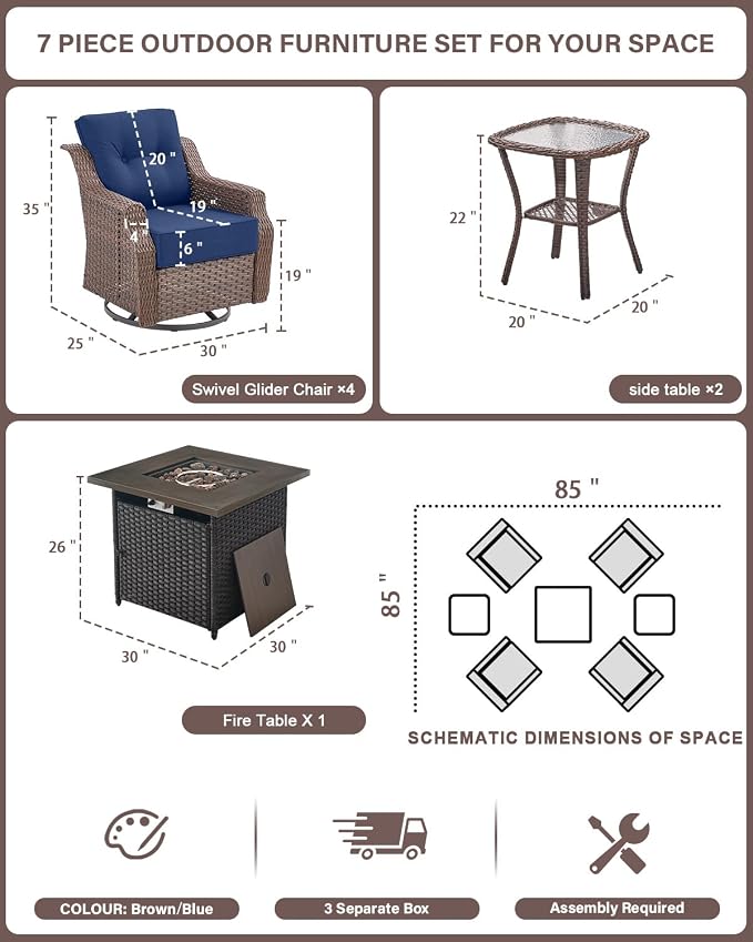 Belord Luxury Patio Furniture Set with Fire Pit Table - Outdoor Swivel Rocker Chairs Set of 4 with 30 inch Propane Fire Table for Patio Conversation and Cozy Outdoor Gatherings
