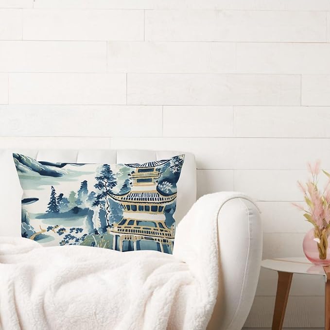 Lumbar Pillow Cases Blue and White Chinoiserie Pagoda Asian Cushion Cases Modern Ming Rain Chinoiserie Pillow Cover Accent Outdoor Garden for Sofa Couch Bed Indoor Decor 16x26in