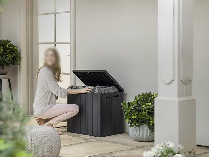 30 Gallon Outdoor Deck Box, Waterproof Resin Storage with Lid for Patio Furniture Cushions, Toys, Pool Accessories