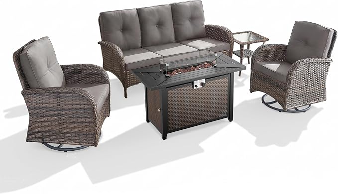 5 Piece Patio Furniture Set with Fire Pit Table - Wicker Patio Conversation Set with Swivel Glider, 3-Seat Sofa, Tempered Glass Side Table for Deck Backyard - Brown Wicker Grey Cushion