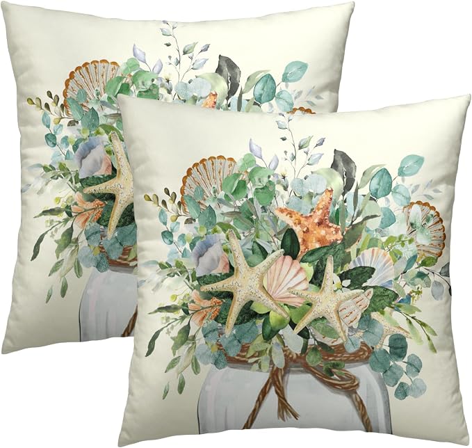 Eucalyptus Leaves Starfish Pillow Covers 16 x 16 Inches Set of 2,Summer Floral Coastal Seasonal Decoration Cushion Cover Pillowcase for Sofa Couch Indoor Outdoor Home Decor