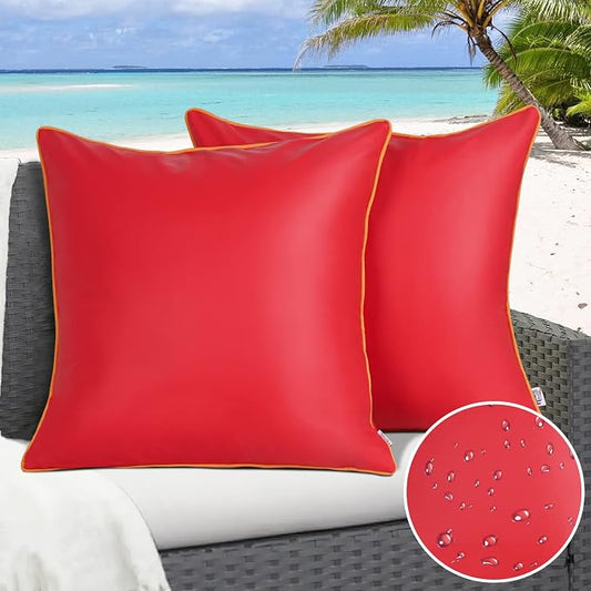 Outdoor Red Waterproof Pillow Cover Silicone Leather Outdoor Modern Anti-Fading Cushion Cases for Patio Furniture Bench Couch 18x18 Inch, Pack of 2